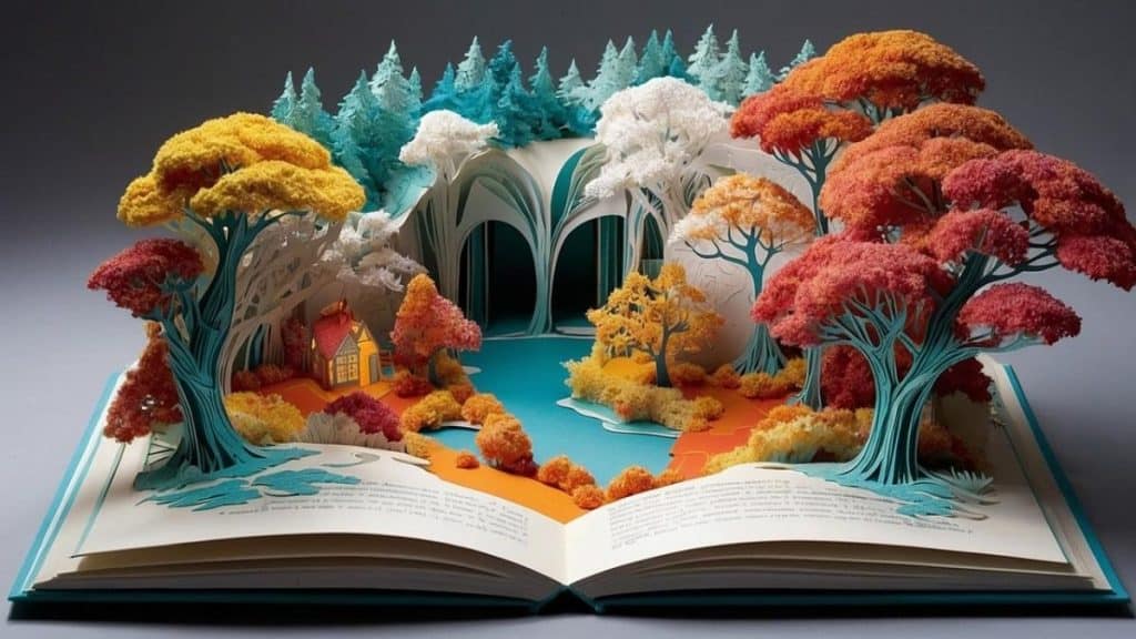 libro abierto con un bosque y una cueva